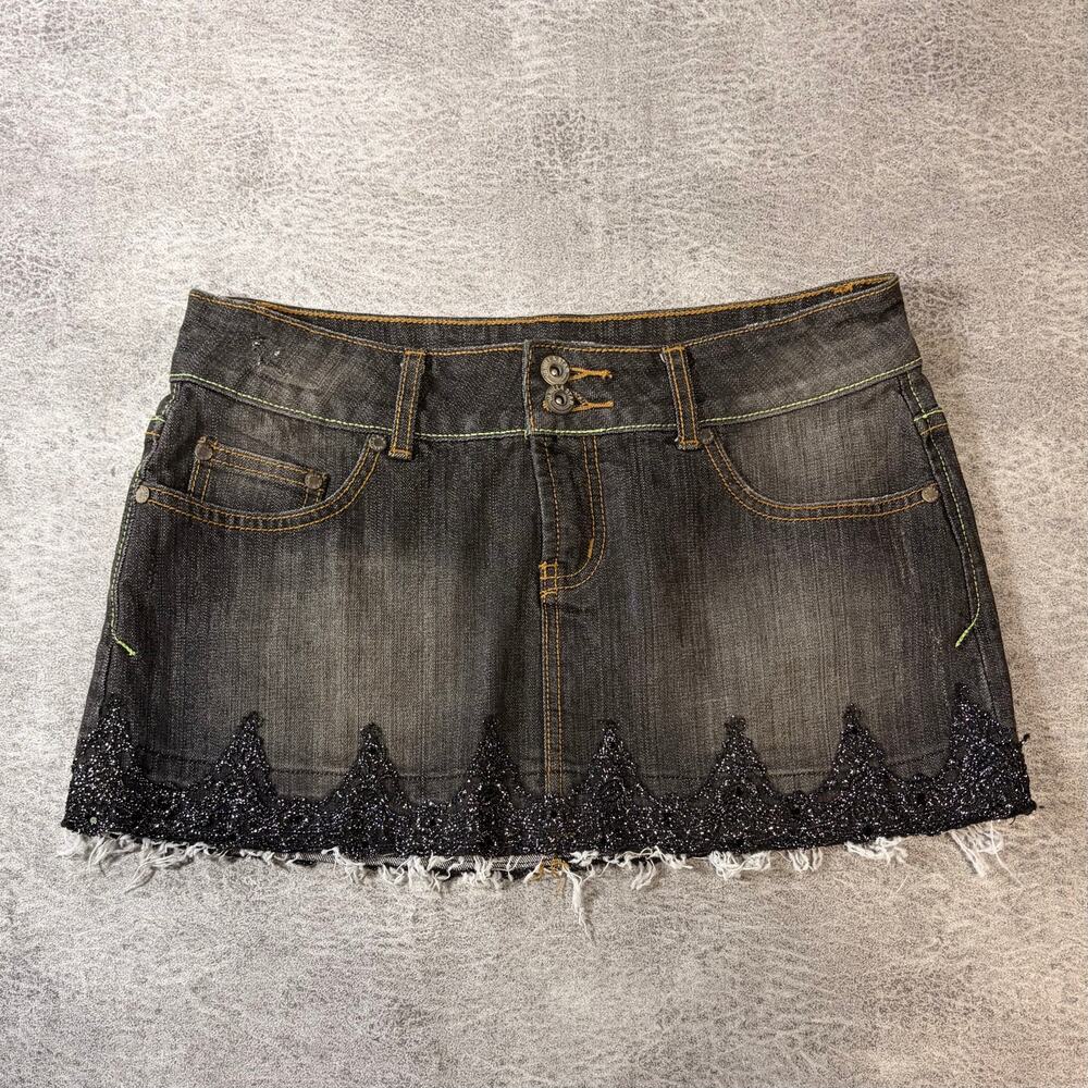 Gray Distressed Lace Trim Mini Skirt
